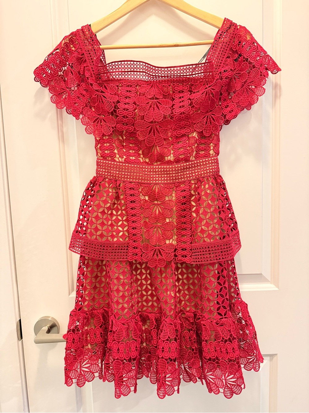Self-Portrait Red Guipure Lace Off Shoulder Peplum Dress